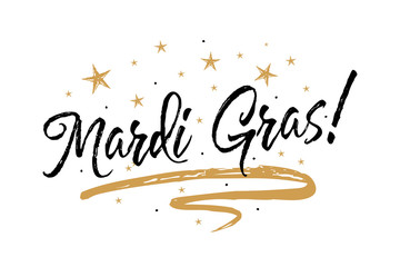 Mardi Gras card.Beautiful greeting card scratched calligraphy black text word gold stars. Hand drawn invitation T-shirt print design.Handwritten modern brush lettering white background isolated vector