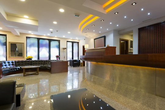 Reception area with reception desk in modern hotel