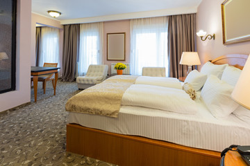 Interior of a new hotel double bed bedroom