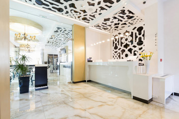 Reception area with reception desk in modern hotel