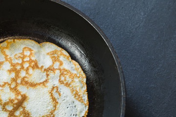 Pancake in a frying pan.