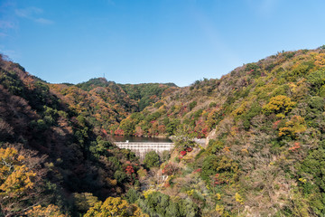 Fototapeta na wymiar Aerial view of Gohonmatsu dam in the autumn. Kobe, Japan.