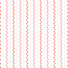 Seamless vector pattern. Red pink vertical lines and twigs on white background. Hand drawn illustration