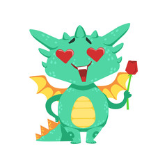 Little Anime Style Baby Dragon In Love Holding Single Red Rose Cartoon Character Emoji Illustration