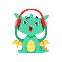 Little Anime Style Baby Dragon Listening To Music With Headphones Cartoon Character Emoji Illustration
