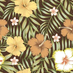 Tapeten Hibiskus tropische Blätter Hibiskus Frangipani nahtloser brauner Hintergrund