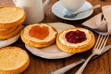 Dutch breakfast with typical biscuits, butter and jam.