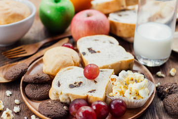 breakfast with cookie, bread , fresh fruits for healthy eating a