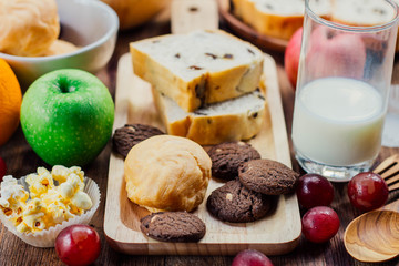 breakfast with cookie, bread , fresh fruits for healthy eating a