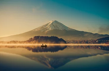 Crédence de cuisine en verre imprimé Mont Fuji Mont fuji au lac kawaguchiko, lever du soleil, vintage