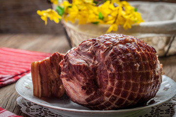 Smoked ham on the plate.