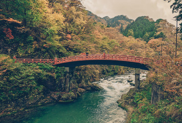 Fototapeta premium Shinkyo Bridge during Autumn in Nikko, Tochigi, Japan ,vintage