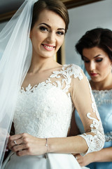 Naklejka premium Tender smile of pretty bride in lace wedding dress