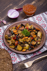 Vegetable stew in plate, close up.