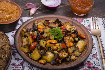 Vegetable stew in plate, close up.