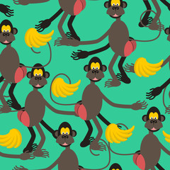 Hamadryad seamless pattern. monkey red butt and banana backgroun