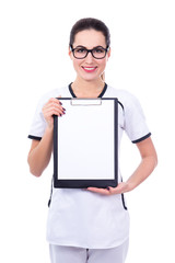 woman doctor or nurse showing clipboard with blank paper isolate