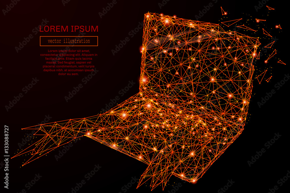 Poster abstract mash line and point laptop in flames style on dark background with an inscription. starry s