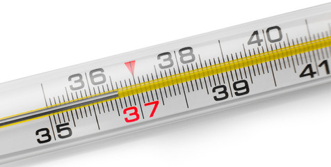 mercury thermometer showing 36.6 degrees Celsius body temperature, isolated on white background