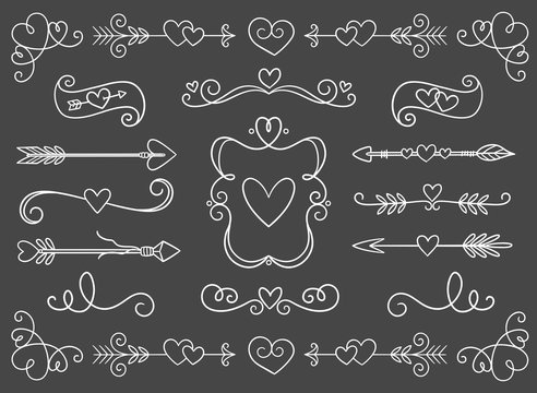 Collection of hand drawn vintage swirl ornaments full of hearts. Perfect for Valentine's day invitation cards and page decoration. Vector illustration.