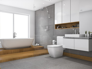 3d rendering wood step bathroom and toilet near window