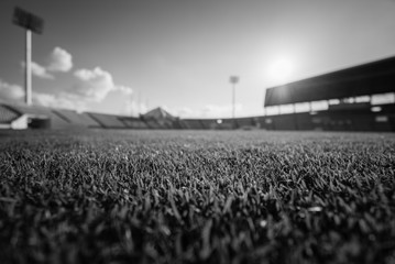 Green grass in soccer stadium , black and white