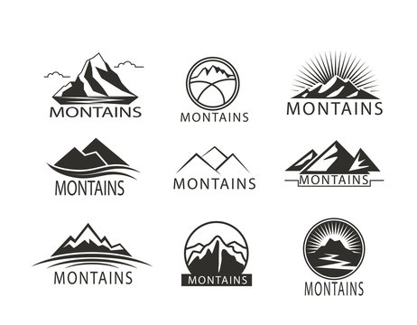 Set of logo, Icon Montains in black white. Climbing label, hiking travel