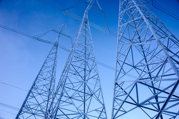 Hight voltage power transmission tower. Power supply and energetics concept. Toned.