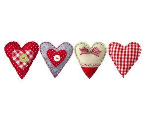 hand made textile hearts. Textile handicraft isolated on white background. Valentines Day, Wedding...