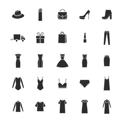 Vector icons set of  ladieswear and accessories, delivery, gift