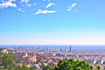 Obraz premium Barcelona city View from Park Guell at sunrise. Beautiful blue sky