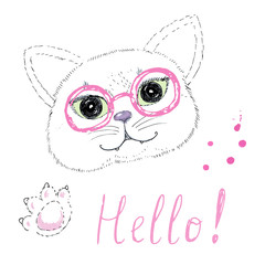 cute cat with glasses on white background