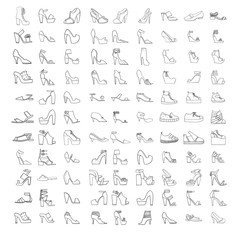 Large vector set with summer and spring shoes, sandals and sneakers with different heel types. Hand drawn collection of black outline fashion shoes on white. Beautiful collection.