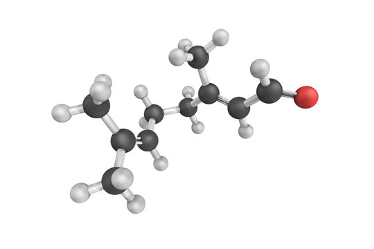 3d structure of  Geranial, an E-isomer of Citral. It has a stron