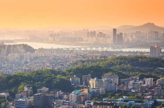 Seoul city and Han river in Sunset, South Korea.