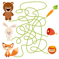 Naklejka premium Cute animal educational maze game. Vector illustration of maze(labyrinth) educational game with cute cartoon rabbit, fox, bear for children