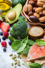 Selection of healthy food for heart, life concept