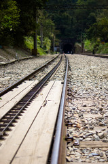 Obraz premium Railroad track of Shengxing Railway Station, Miaoli Taiwan.