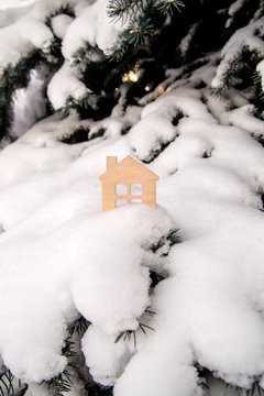 symbol of the house stands on a snow-covered fir branches