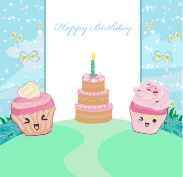 illustration of cute cupcakes  - Happy Birthday Card