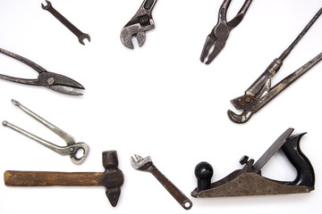 Construction hand tools flat lay