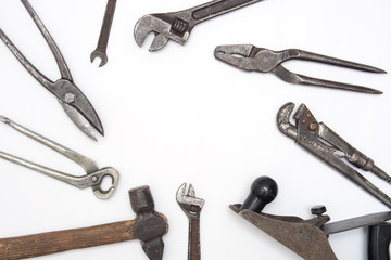 Construction hand tools flat lay