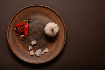 Set of whole peppercorns, chili pepper, garlic and rose salt with copy space. Red chili peppers, salt and garlic on a argil plate. Herbs and spices concept
