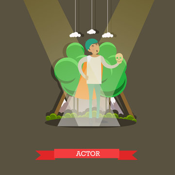 Vector illustration of actor playing at the theater, flat design.