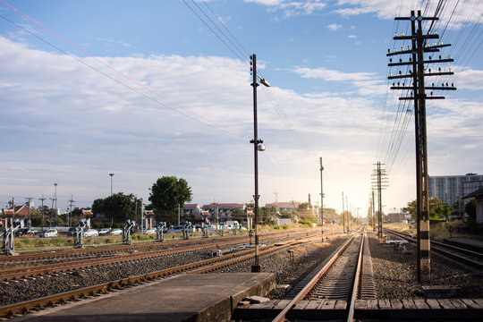 Railway corridor. Double-track railway go to station.