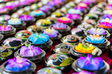 Fototapeta na wymiar Asia colorful flowers, blossoms in shell in Thailand Chiang Mai