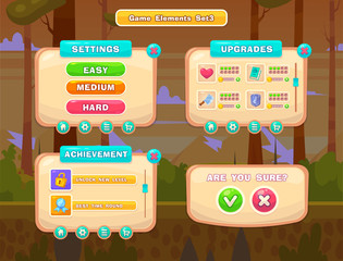 Set of cartoon buttons for casual games. Graphic user interface, vector illustration.