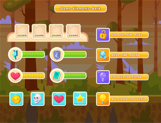 Set of cartoon buttons for casual games. Graphic user interface, vector illustration.