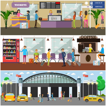 Vector set of airport and passengers concept design elements
