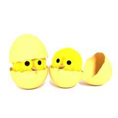 Easter chicks friends in eggshells. Creative 3D illustration in cartoon style.